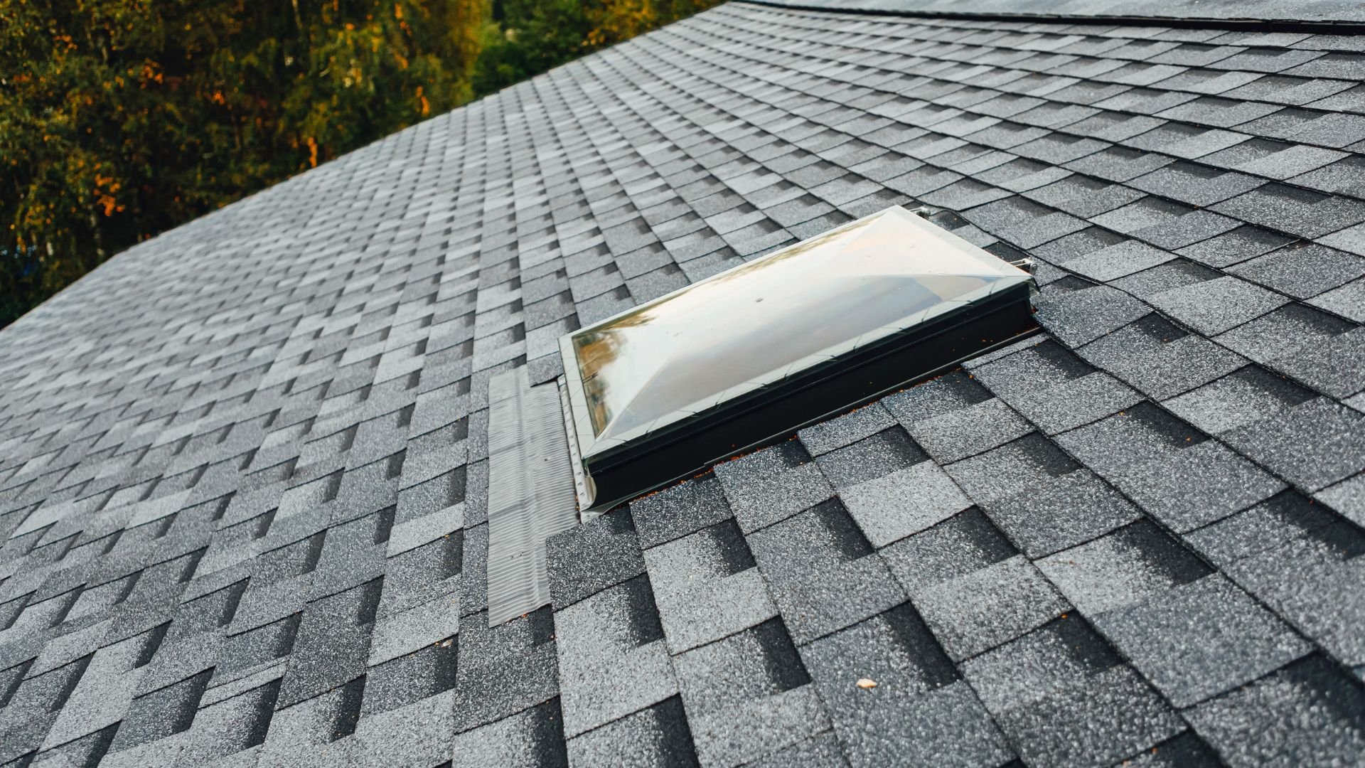 Skylight on gray asphalt shingle roof with autumn trees in background