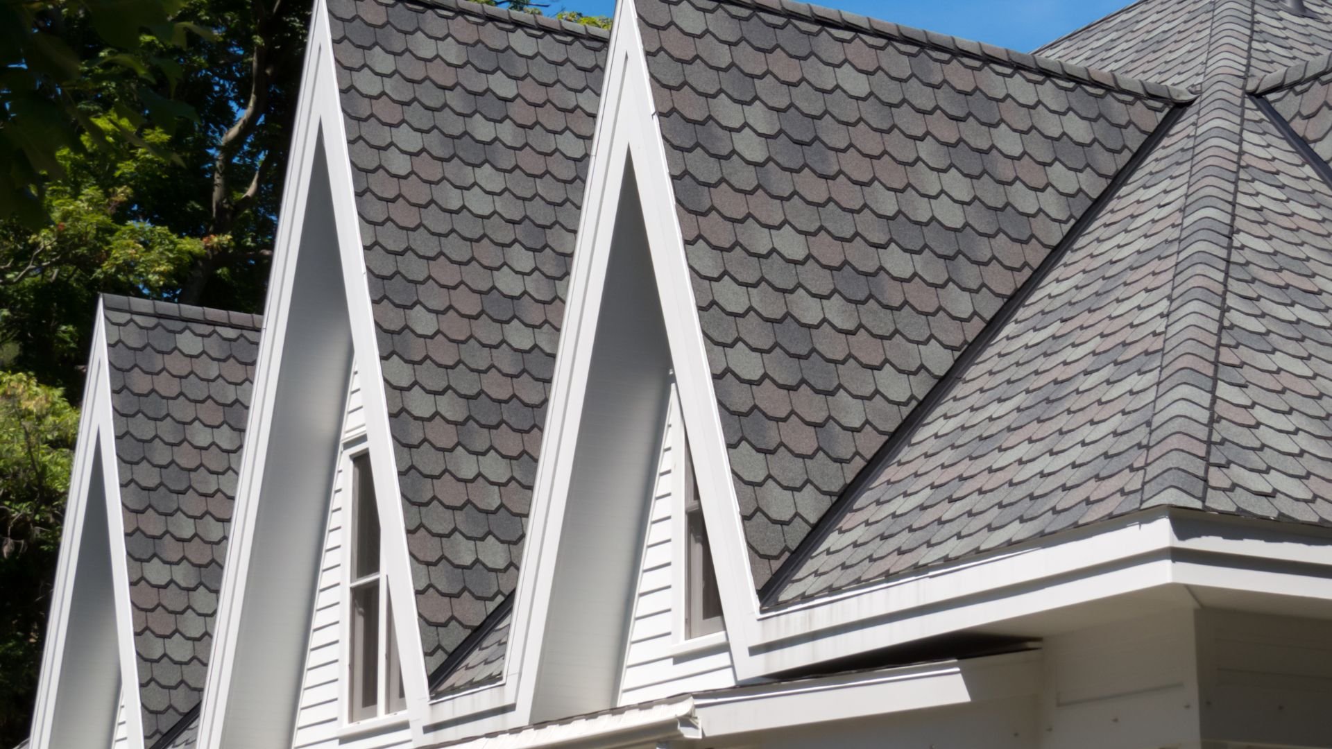 Architectural roofline with gray shingles and white trim near green trees