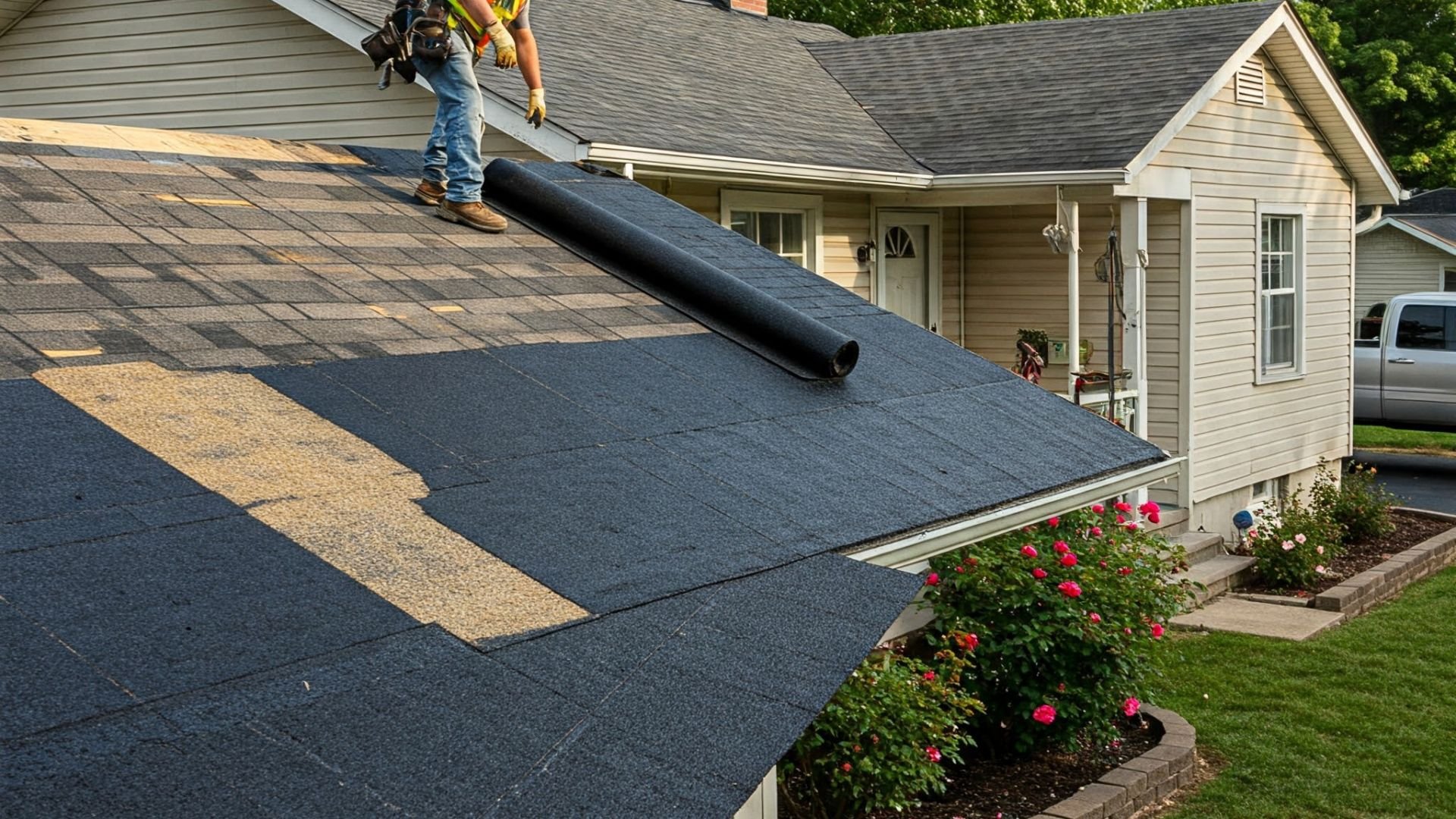 Roofer installing new shingles on residential house with red rose garden